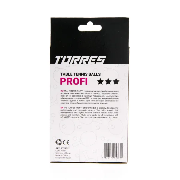 Мяч для наст. тенниса TORRES Profi 3*, TT23012, диам. 40+мм, упак. 6 шт, белый за 338.30 ₽ в Иванове